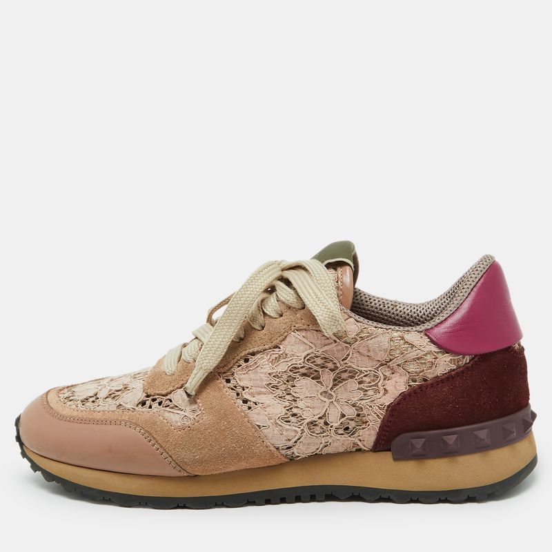 Valentino Beige/Pink Floral Lace And Leather Rockrunner Low Top Sneakers Size 35